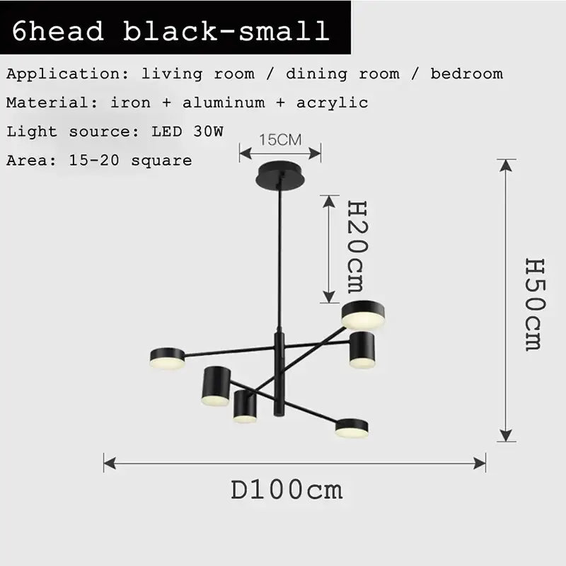 Modern geometric black gold white led chandelier with six heads made of iron aluminum and acrylic for living room decorbites black gold