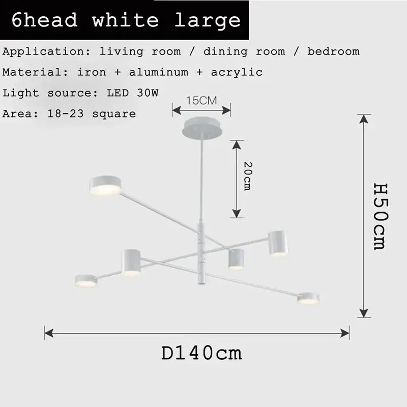 White six-head modern chandelier with sleek iron aluminum acrylic design for living room decorbites black gold white led
