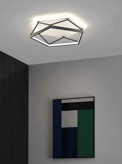 Modern geometric black metal led ceiling lamp with angular design and frosted glass panels for bedroom decorbites geometric led