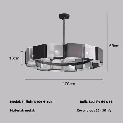 Modern geometric black metal loft led chandelier with 14 leds and translucent glass panels for dining room decorbites black metal