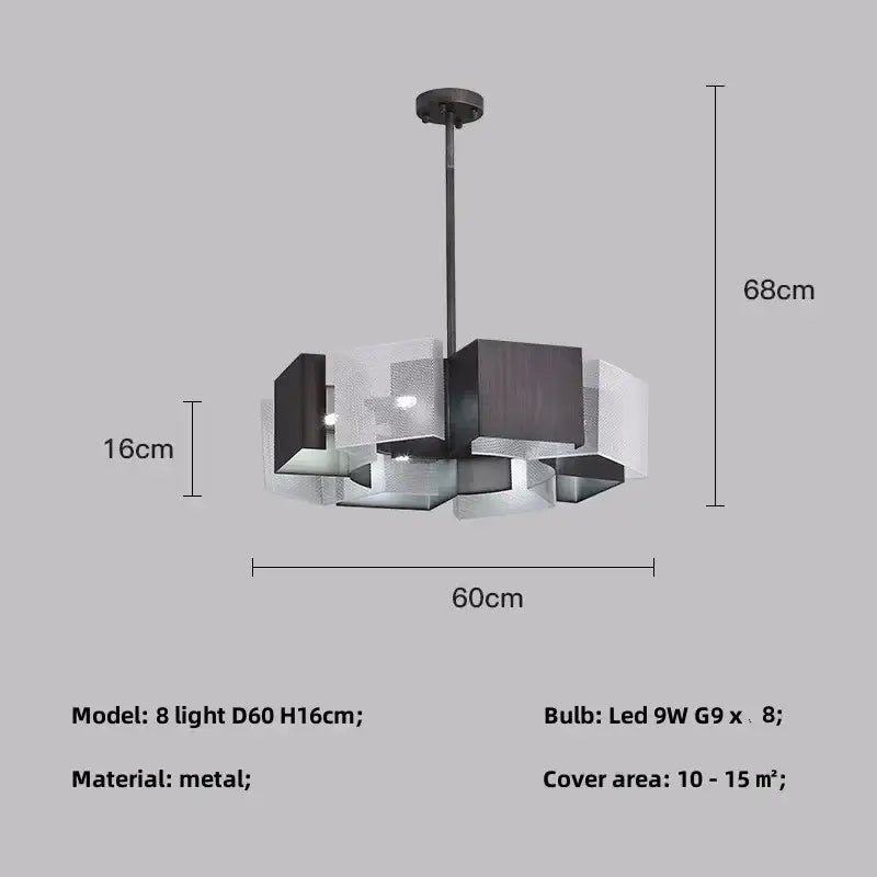 Modern geometric black metal loft led chandelier with dark metal frame and translucent glass panels for dining room decorbites black metal