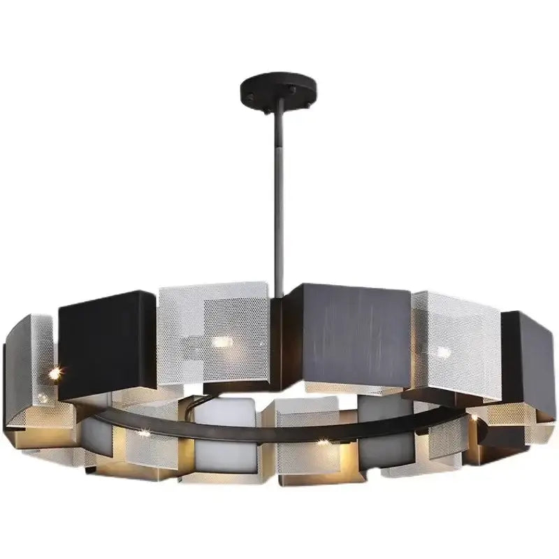 Modern geometric black metal loft led chandelier with layered square panels for dining room decorbites black metal design