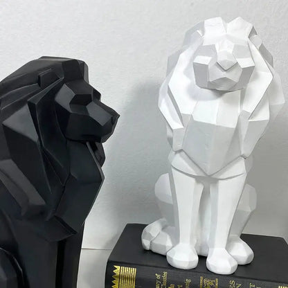 White geometric lion resin art statue with a faceted modern design for office decor by decorbites lion resin