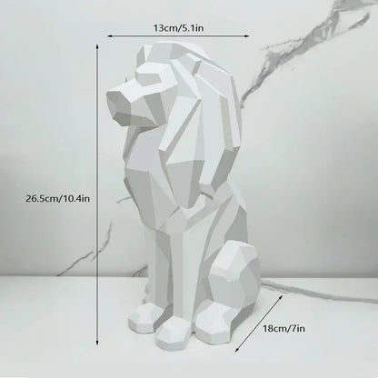 White geometric dog sculpture with angular facets minimalist design complementing decorbites lion resin art statue