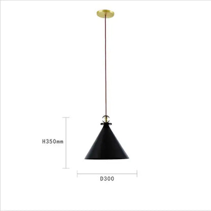 Black conical pendant light with brass-finished ceiling mount and cord for modern geometric brass black glass chandelier