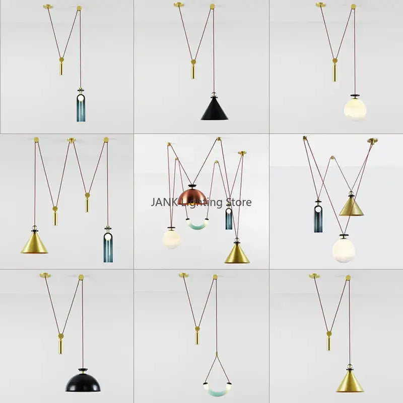 Modern geometric brass and black metal pendant light with glass chandelier shades in conical, spherical, and dome shapes for dining room