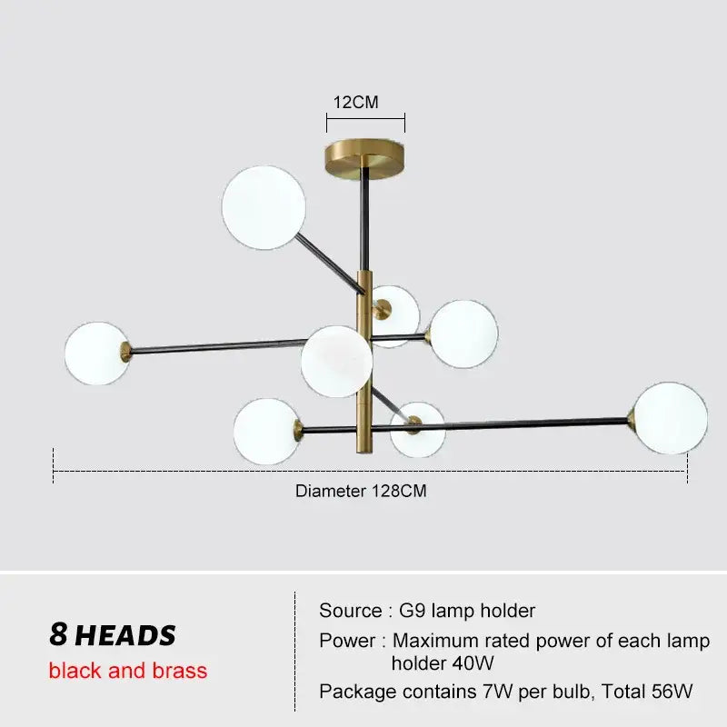 Modern geometric decorbites brass chandelier with eight frosted glass spherical lamps for living room decor