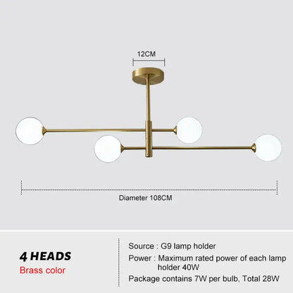 Modern geometric brass chandelier with four spherical frosted glass lamp heads in a decorbites brass chandelier design