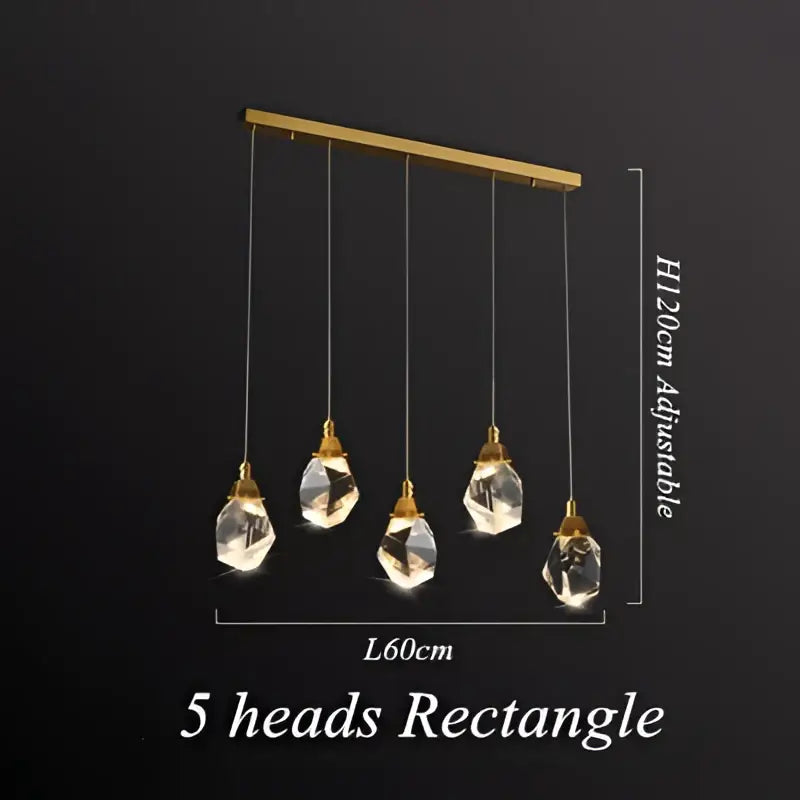 Modern geometric brass diamond crystal led chandelier with gold-toned rectangular frame and five pendant lights for dining room