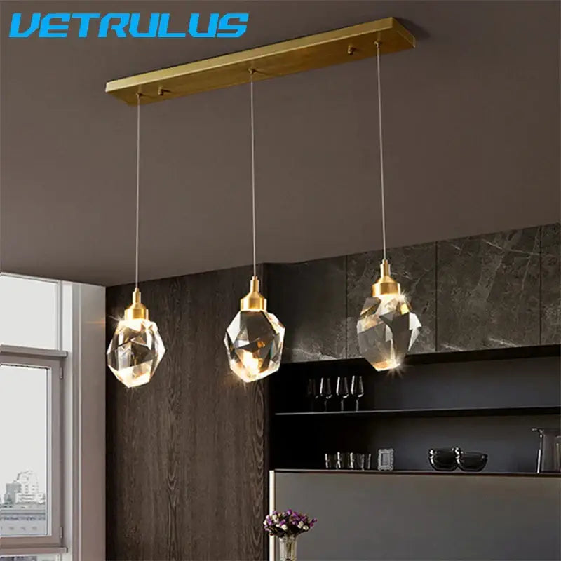 Modern geometric brass diamond crystal led chandelier with gold-toned crystal pendant light and faceted glass shades