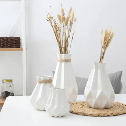 Modern geometric decorbites ceramic diamond vase set features white ceramic faceted vases with twine bands for decor