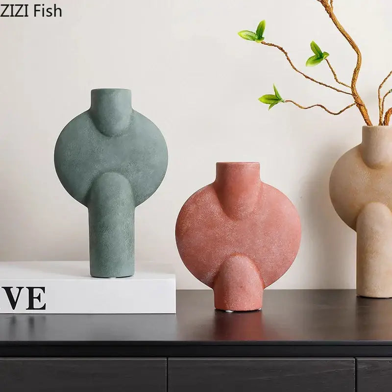 Modern geometric ceramic vase set of 3 with muted green terracotta and beige decorbites geometric ceramic vases
