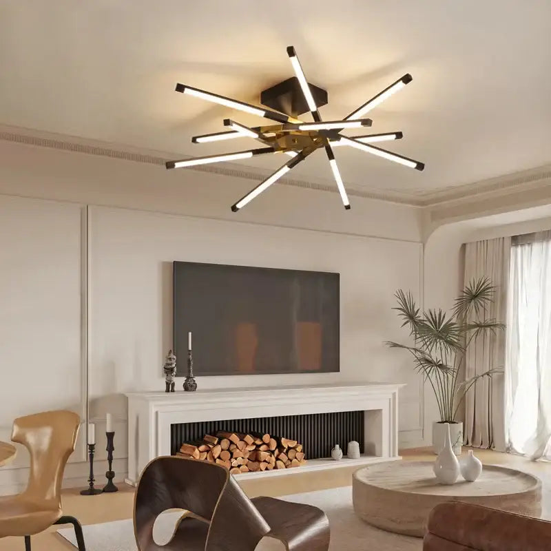 Modern geometric chrome and gold dimmable led ceiling light with starburst design and gold-toned hub for dining room decorbites dimmable led