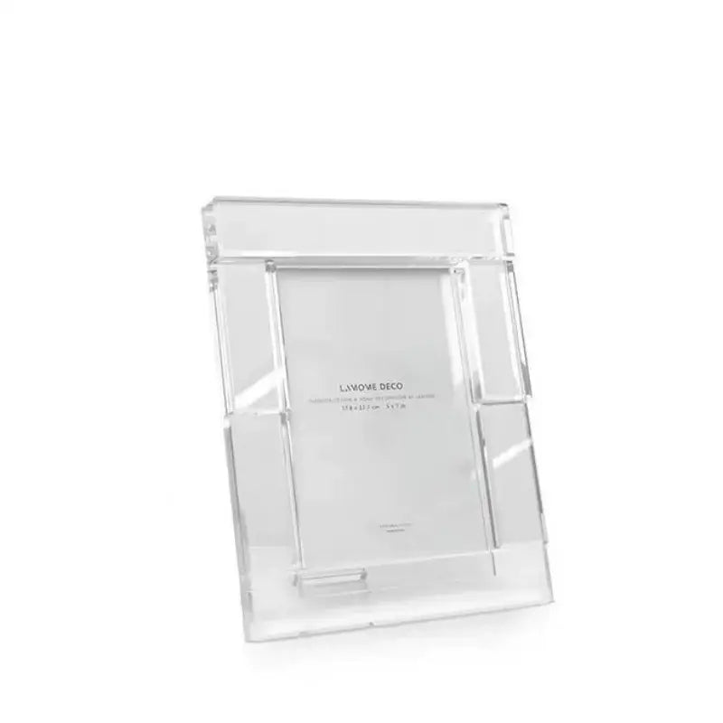 Clear acrylic photo frame with geometric blocky design and minimalist branding for decorbites crystal glass cube decor