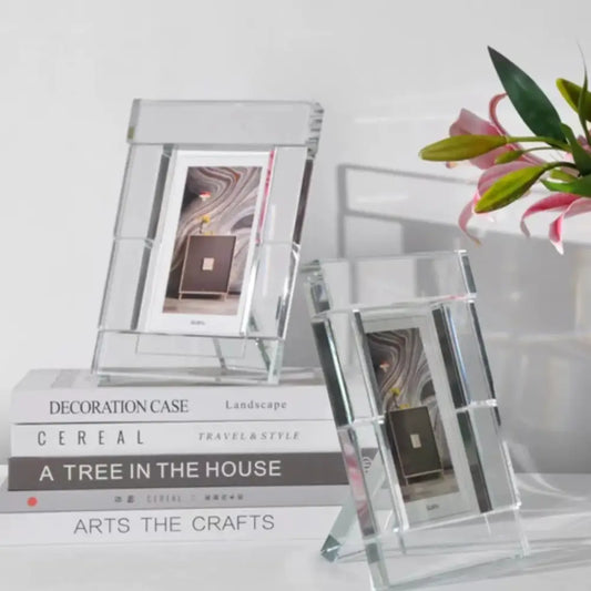 Modern geometric clear crystal glass cube photo frame by decorbites for stylish living room decor