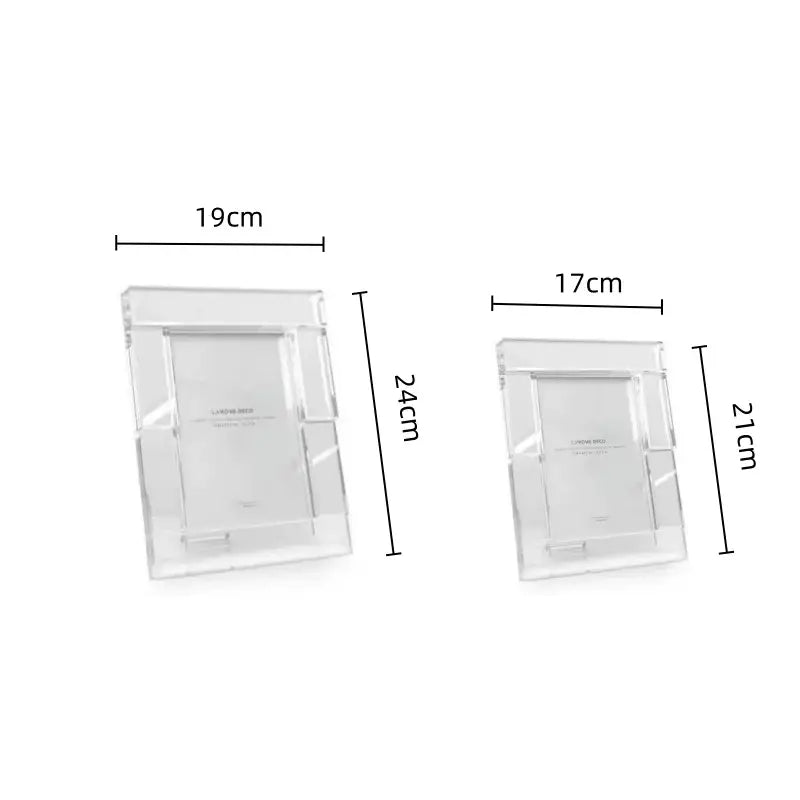 Modern geometric clear acrylic photo frame with precise dimensions featuring decorbites crystal glass cube design for living room decor