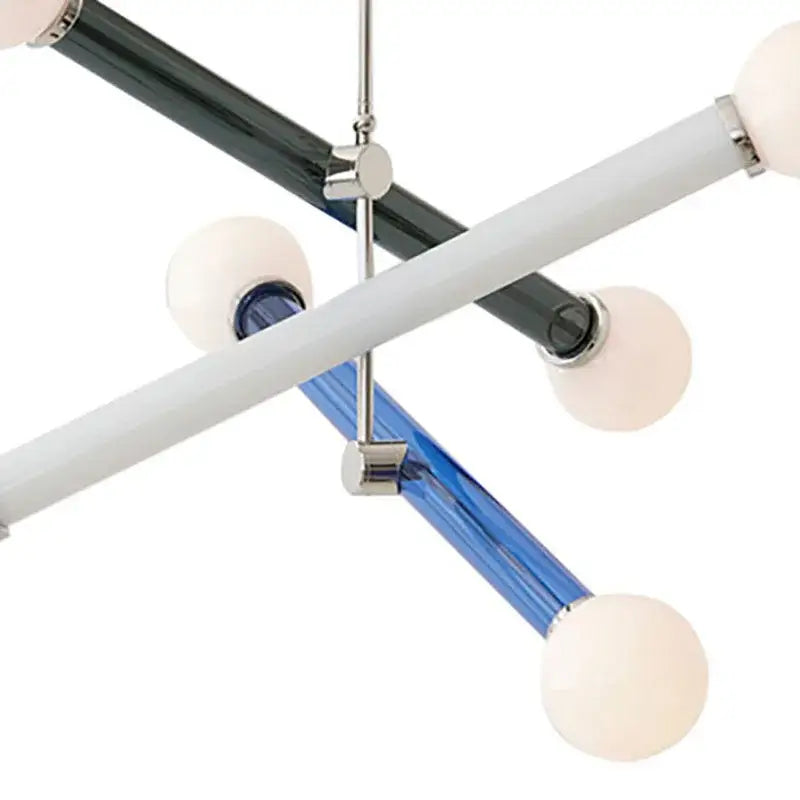 Modern geometric colorful chandelier art deco dining room light with intersecting black white and blue glass rods and frosted globes decorbites colorful chandelier