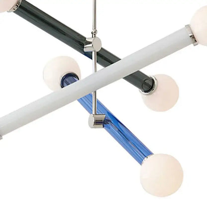 Modern geometric colorful chandelier art deco dining room light with intersecting black white and blue glass rods and frosted globes decorbites colorful chandelier