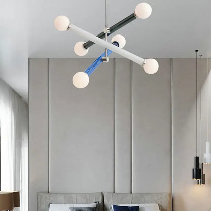 Modern geometric colorful chandelier with white spherical bulbs and black blue silver rods for decorbites colorful chandelier
