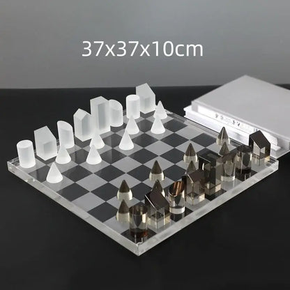 Modern geometric crystal chess set with transparent acrylic frosted white and metallic silver pieces for living room decor