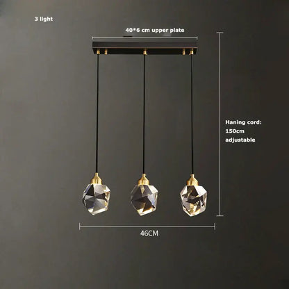 Modern geometric crystal copper black led chandelier featuring three faceted crystal globes with copper black led fixtures