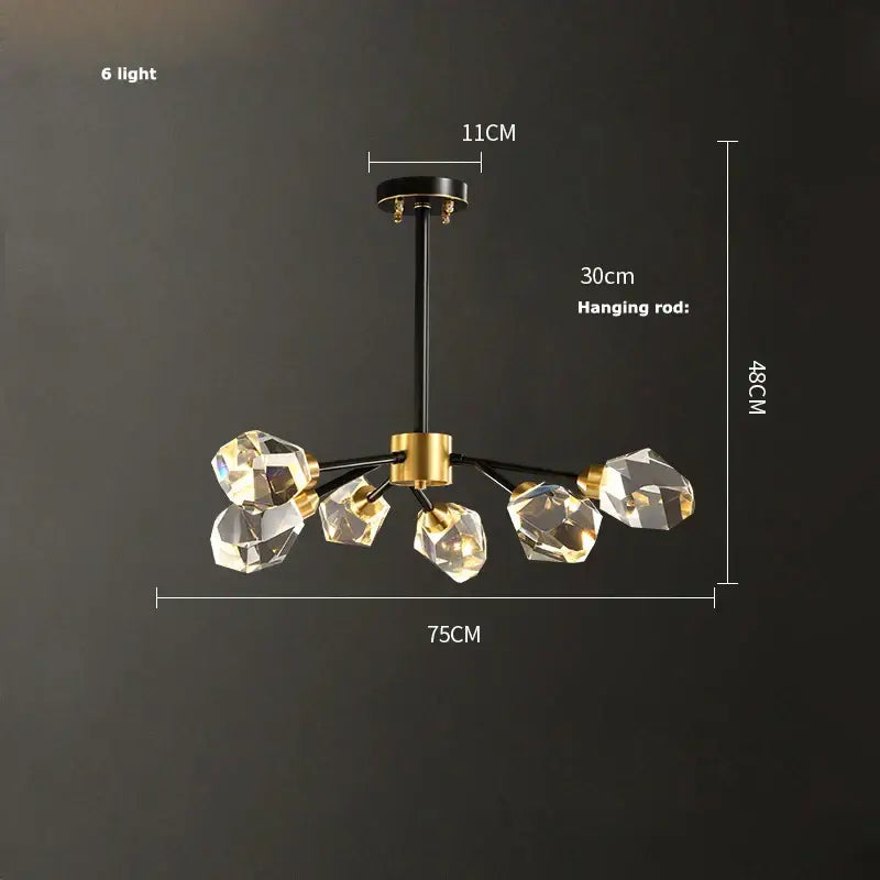 Modern geometric crystal copper black led chandelier with six crystal copper black light fixtures for dining room decorbites