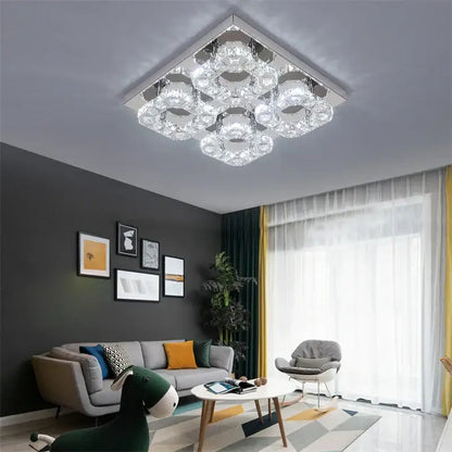 Modern geometric crystal smart led chandelier ceiling light with clear faceted glass and chrome frame for living room decorbites smart led