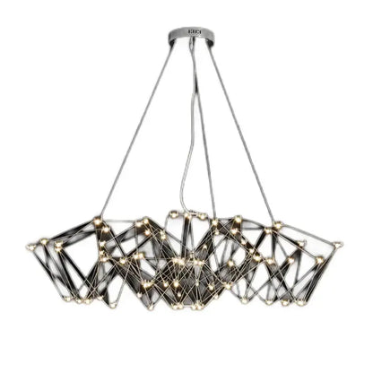 Modern geometric cube light pendant lamp with sleek chrome finish and black glass panels illuminated by warm leds