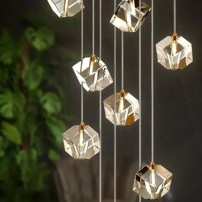 Modern geometric decorbites crystal led chandelier with crystal-clear pendant lights and gold-toned fixtures for staircases
