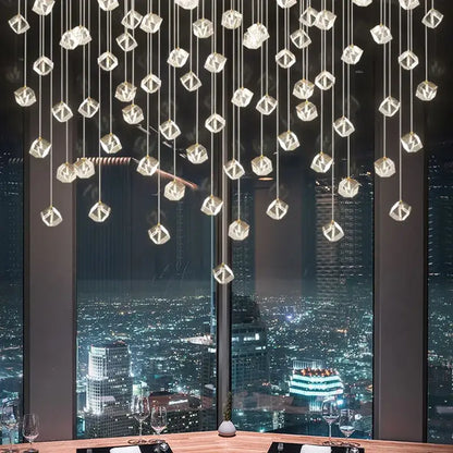 Modern geometric decorbites crystal led chandelier with crystal clear pendant lights cascading from the ceiling