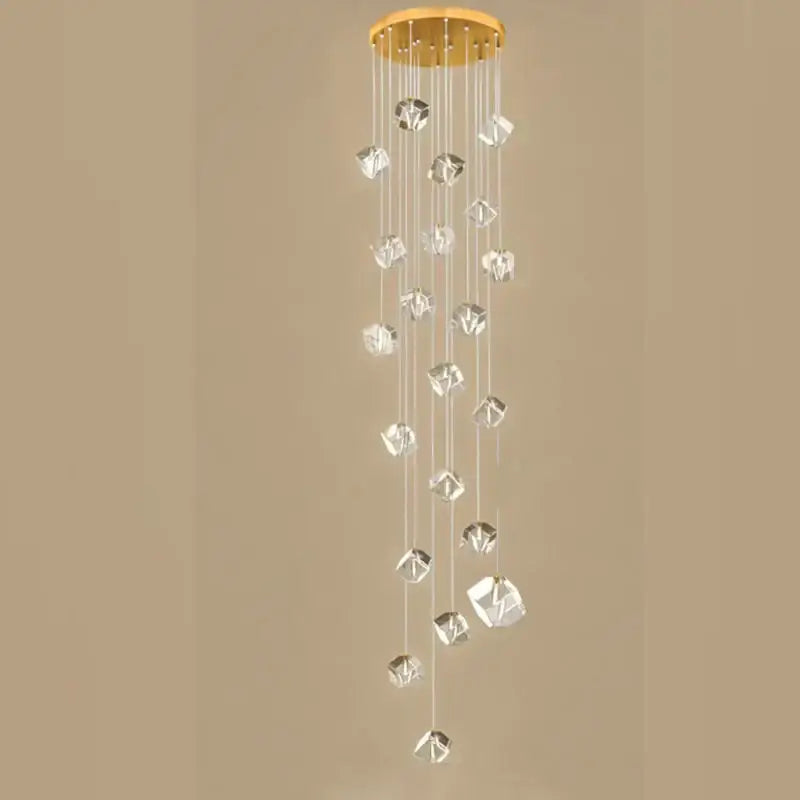 Modern geometric decorbites crystal led chandelier with gold-toned top and clear faceted glass pieces for staircase lighting