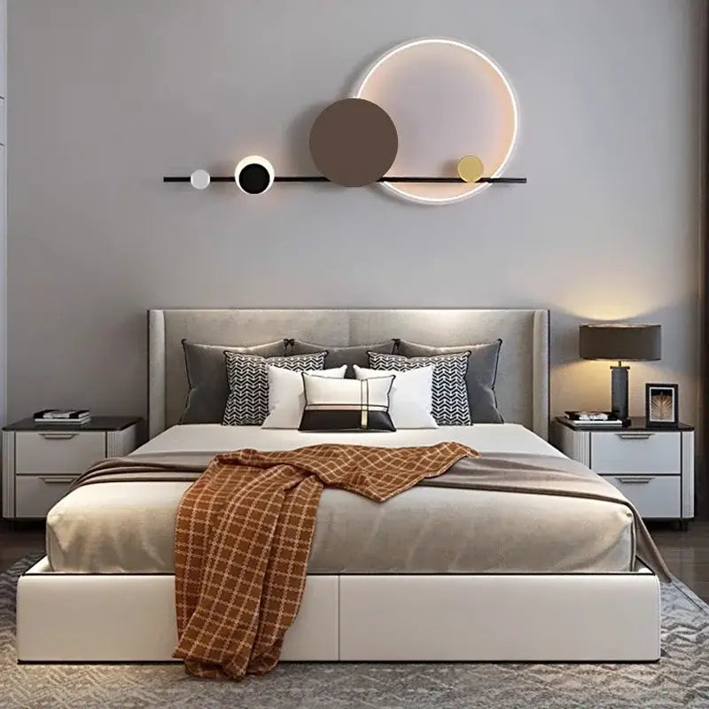 Modern geometric decorbites led wall sconce with illuminated edges and black white brown gold discs for bedroom ambiance