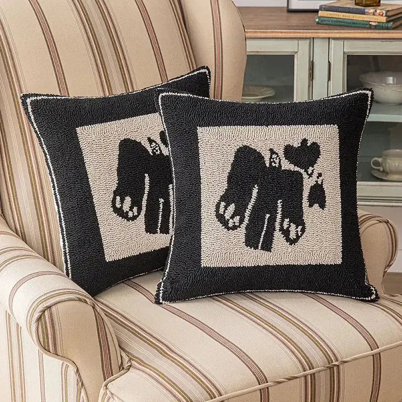 Black and cream hooked rug cushion cover with decorbites geometric embroidered elephant design for living room decor