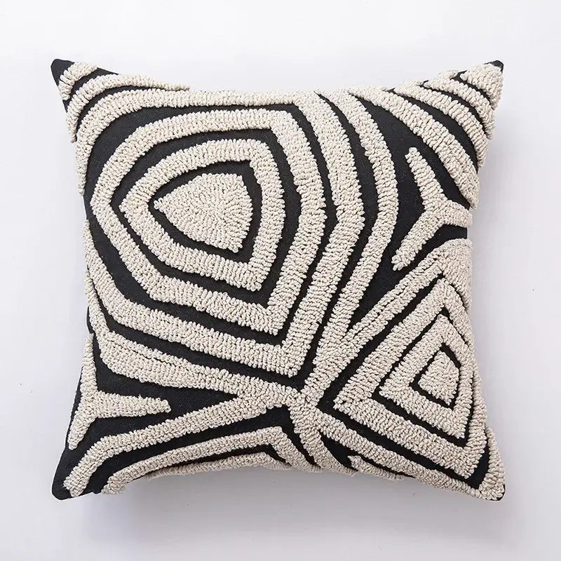 Black and cream cushion cover with decorbites geometric embroidered tufted yarn pattern for living room decor