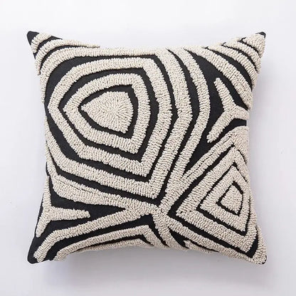 Black and cream cushion cover with decorbites geometric embroidered tufted yarn pattern for living room decor