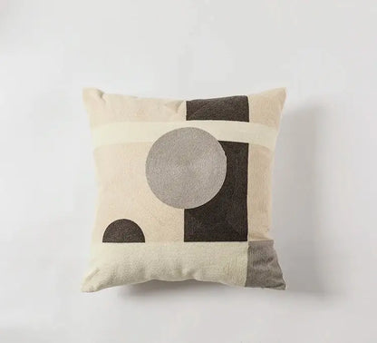 Beige and charcoal modern geometric embroidery cushion with textured circular design for living room decorbites decor