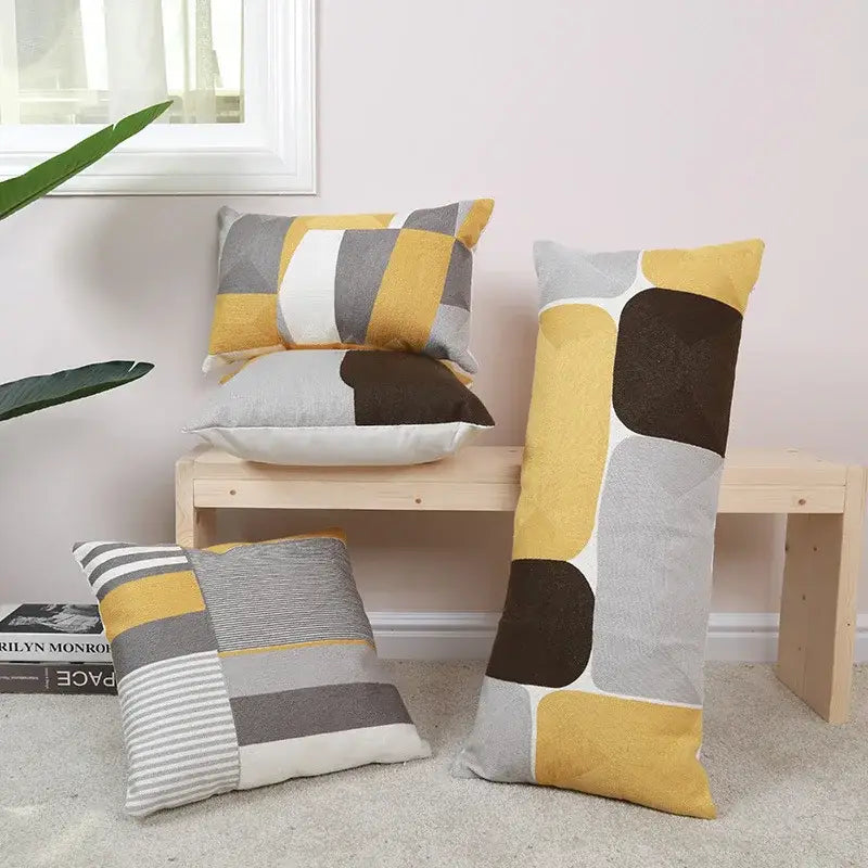 Set of modern geometric embroidery pillow covers in yellow gray and brown patchwork for living room decorbites decor