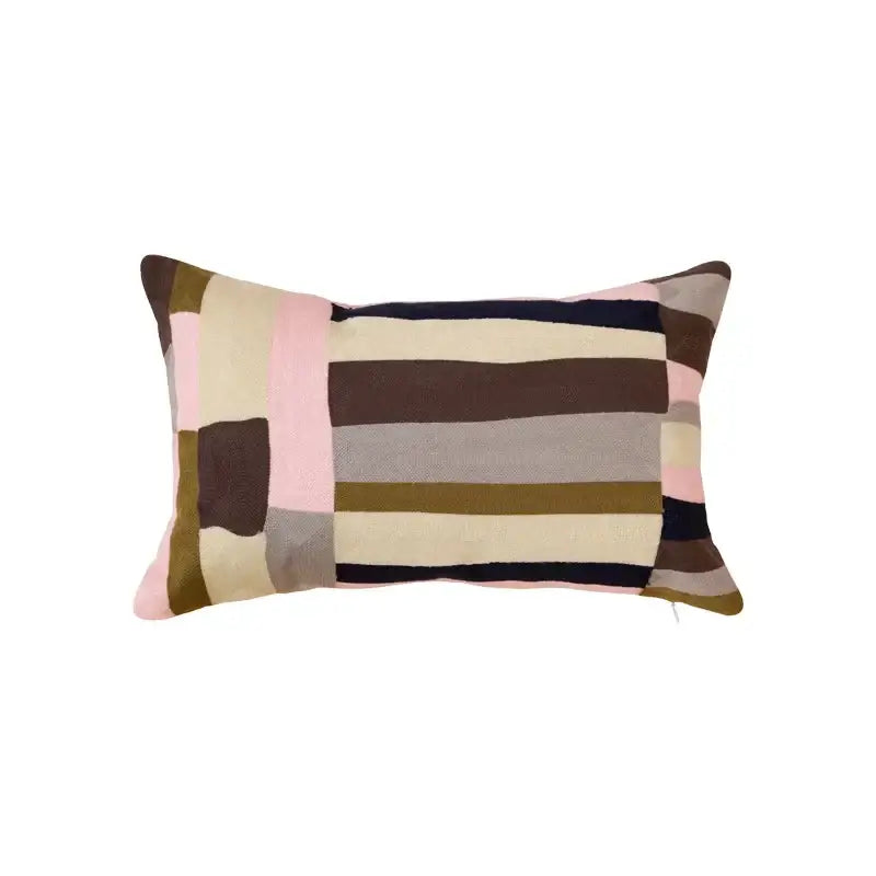 Rectangular pillow cover with modern geometric embroidery in muted pink beige brown olive green and navy for living room decorbites