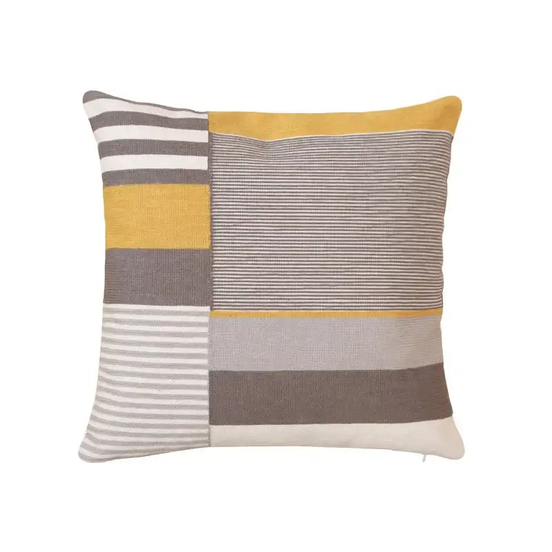 A square pillow cover with modern geometric embroidery in yellow gray and white for stylish living room decorbites