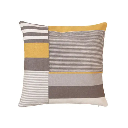 A square pillow cover with modern geometric embroidery in yellow gray and white for stylish living room decorbites