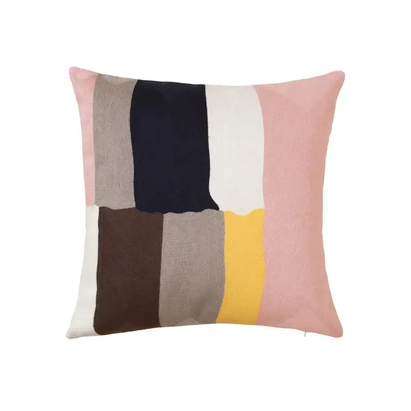 Modern geometric embroidery pillow cover with vertical stripes in pink navy cream mustard and brown for living room decorbites