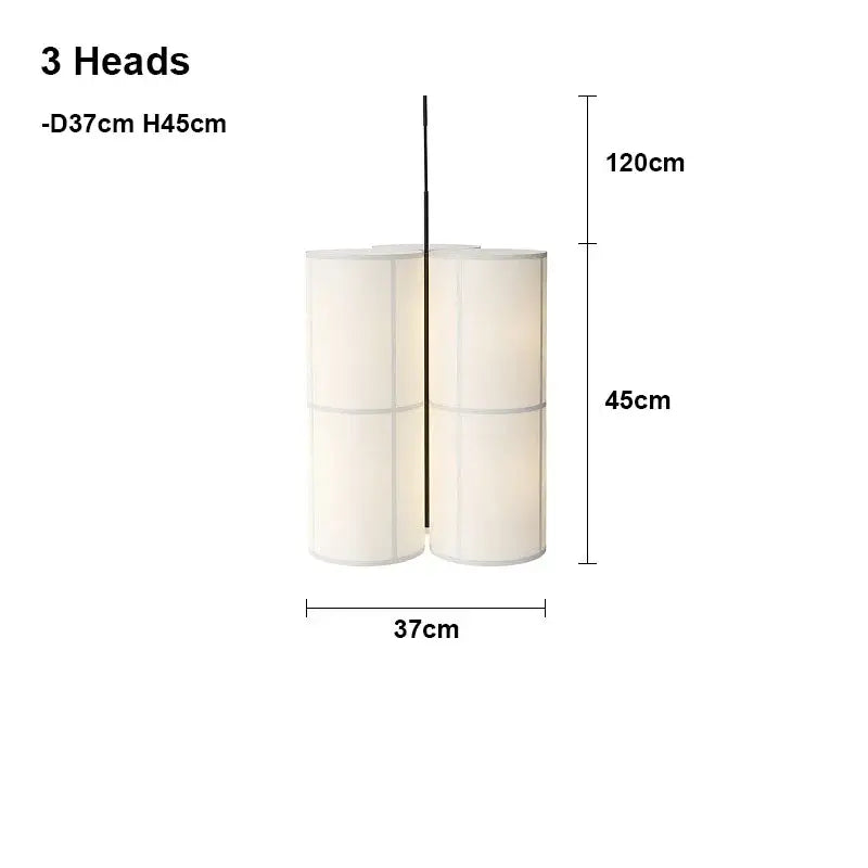 Cream-colored fabric hashira cluster pendant light with three stacked heads and black rod for modern dining room decor
