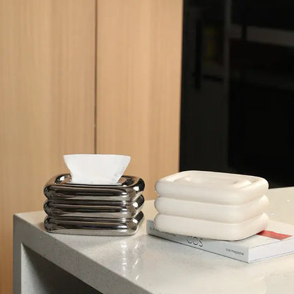 Silver ribbed tissue box holder with modern stacked design for living room decorbites geometric fringe style