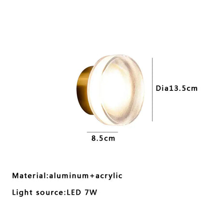Modern circular wall-mounted led light with brass-finished aluminum base and acrylic diffuser for glass cone chandelier decor