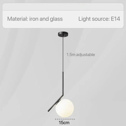 Black iron and glass pendant lights with spherical frosted glass shade ideal for bedroom bedside chandeliers