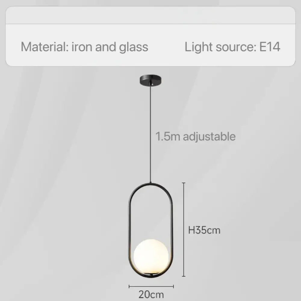 Black iron and glass pendant light with elongated oval frame and white spherical bulb for bedroom bedside chandeliers