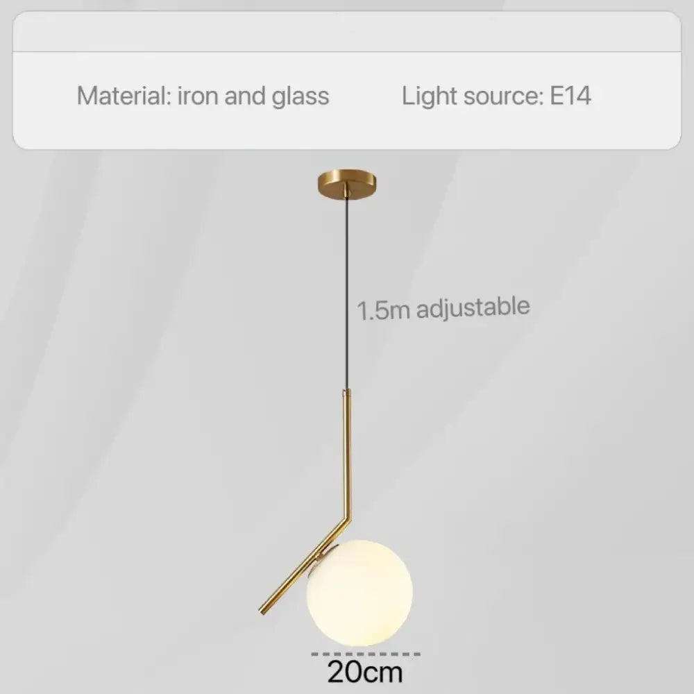 Gold-toned modern glass pendant light with adjustable 1.5m chain and frosted 20cm bulb for bedroom bedside chandeliers