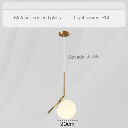 Gold-toned modern glass pendant light with adjustable 1.5m chain and frosted 20cm bulb for bedroom bedside chandeliers