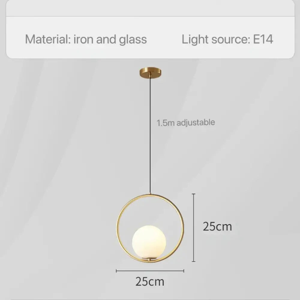 Modern geometric glass pendant light with gold-toned iron frame and 1.5m adjustable cord for bedroom bedside chandeliers