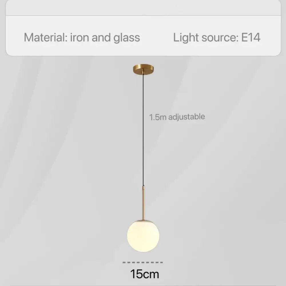 Minimalist glass pendant light with brass iron finish and adjustable cord for bedroom bedside chandeliers